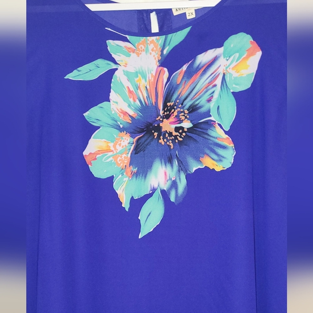 ARTISAN※NY Silk Royal Blue Floral Blouse 2X